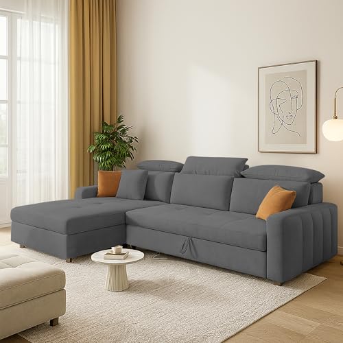 Image of Casaliving Gagnon LHS 4 Seater L Shape Corner Sofa Cum Bed for Living Room (Dark Grey Fabric) Premium Fabric Sofa