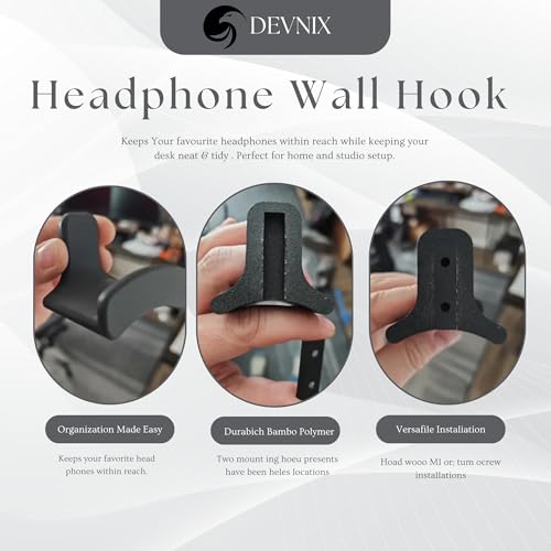 Image of Headphone Wall Mount Holder or Hanger- Universal Headset Holder for Home, Office & Gaming Setup | Space-Saving, Heavy-Duty Plastic Wall Hanger (Black) (Curve, 2, Count)