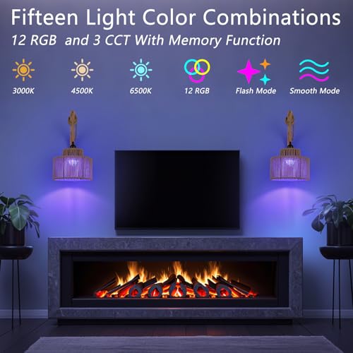 Image of Dijiahua Boho Wall Sconces Set of Two Battery Operated,Wireless Rechargeable Woven Rattan Sconces Wall Lights with Remote, RGB 12 Colors Dimmable Wall Lamp, Wood Indoor Cordless Sconce Lighting