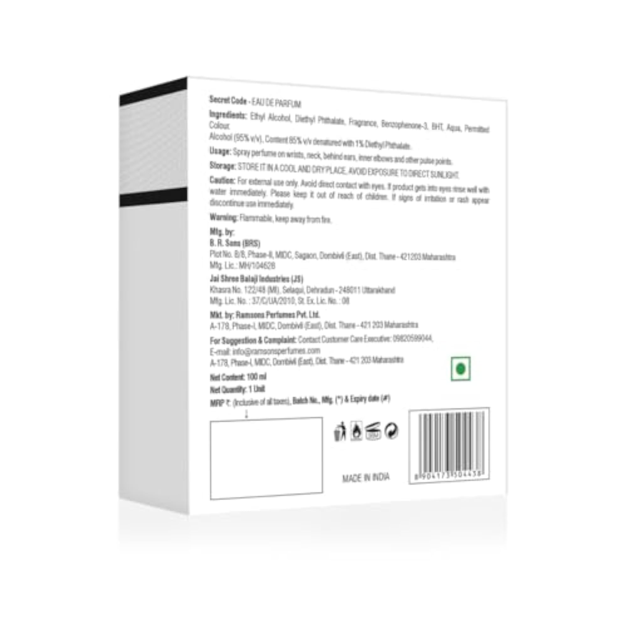 Secret Code Eau De Parfum 100 ml, Premium Long Lasting Fragrance
