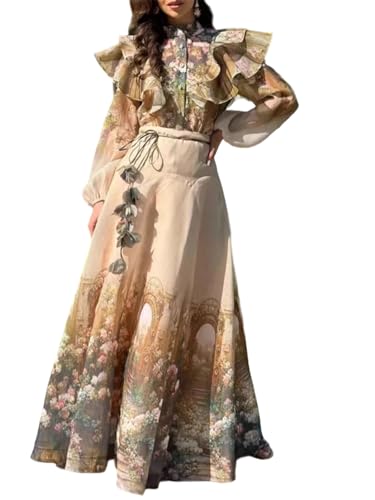 UOOZEE Women's Floral Print Chiffon Blouse Maxi Skirt Set Elegant