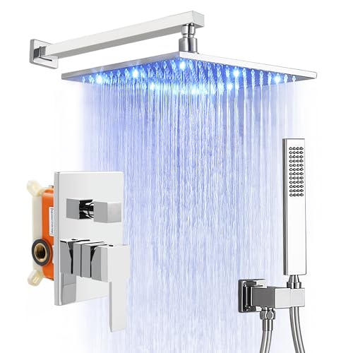 Set de Grifería para Ducha SKOWLL con Cabezal de Ducha de 12 Pulgadas, Montaje en Pared, Cromo Pulido, Sistema de Ducha LED con Válvula y Recorte Incluidos miniatura 1