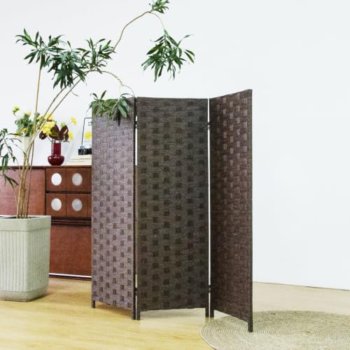 Furnnylane 3 Panel Double Sided Short Room Divider for Room Separation, Dark Brown Rattan Folding Privacy Screen, Freestanding Partition Screen for Home Office - 3.95 ft Tall