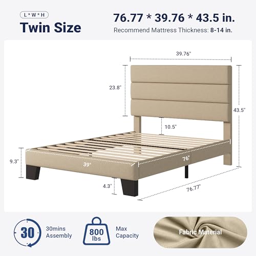 Image of Allewie Twin Size Platform Bed Frame with Fabric Upholstered Headboard and Wooden Slats Support, Fully Upholstered Mattress Foundation /No Box Spring Needed /Easy Assembly, Beige