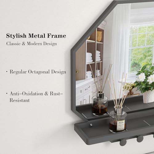 Image of BEAUTME 20x20 inch Octagon Wall Mirrors with Shelf and Hooks, Metal Framed Octagon Mirror for Entryway, Modern Farmhouse Decor Wall Mounted Mirror for Living Room Bedroom Entryway (Grey)