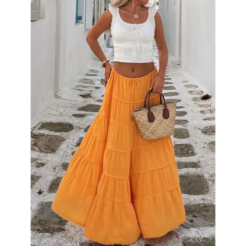 Maxi Skirts for Women Summer Casual Vacation, Drawstring Elastic High Waist Ruffles Maxi Skirts Solid Color2