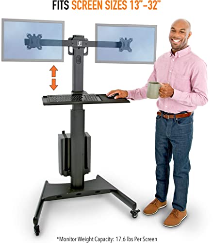 Stand Steady Dual Monitor Mobile Workstation With Keyboard Tray, Cpu Holder And Locking Wheels | Height Adjustable Vesa Mounts For Two Monitors | Supports Screens From 13 To 32 Inches (Black) #TOP3
