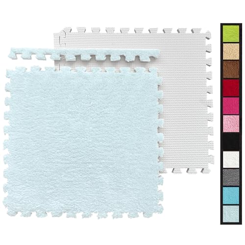 12 Pcs Kids Foam Interlocking Carpet Tiles with Border, Thick Carpet Squares Plush Floor Playmats Baby Crawling Rug - 49" x 37" (SkyBlue, 12 Tiles)