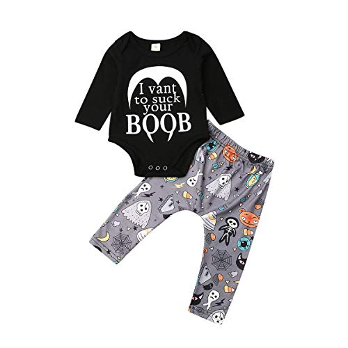 Newborn Baby Boys Girls Halloween Outfits Letter Print Romper Pumpkin Skull Pants Set (Black, 0-3M)