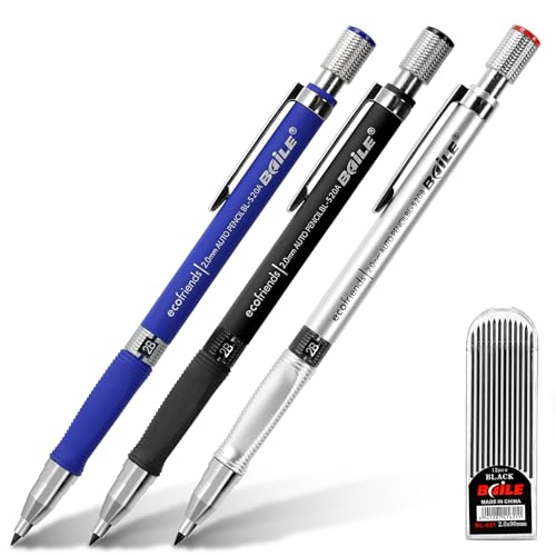 APXEL 3 Unidades Portaminas MecáNicos de 2 mm con 3 Cajas Recambios de LáPiz MecáNico, Adecuado para Escribir, Redactar, Dibujar y Bocetar (Negro + Plata + Azul)