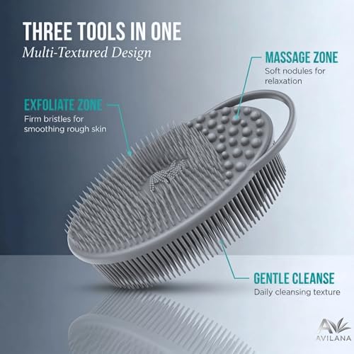 Image of Avilana Premium Exfoliating Body Scrubber - 8 Years Trusted Since 2017 - SGS Certified Silicone Bath Brush, Firm Bristles Smooth Rough Bumpy Skin Texture, Dual Sided Loofah Alternative Women Men Kids