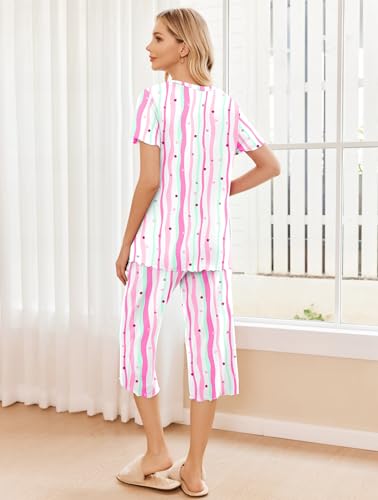 Image of Ekouaer 2 Pack: Women's Pajamas Set Short Sleeve Sleepwear Capri Pants Pjs Soft Loungewear with Pockets