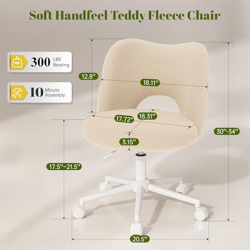 Image of DurayLoly Vanity Chair with Open-Back,Off-White | Cute Desk Chair,360 Wheels , Soft Teddy Fleece, Height Adjustable