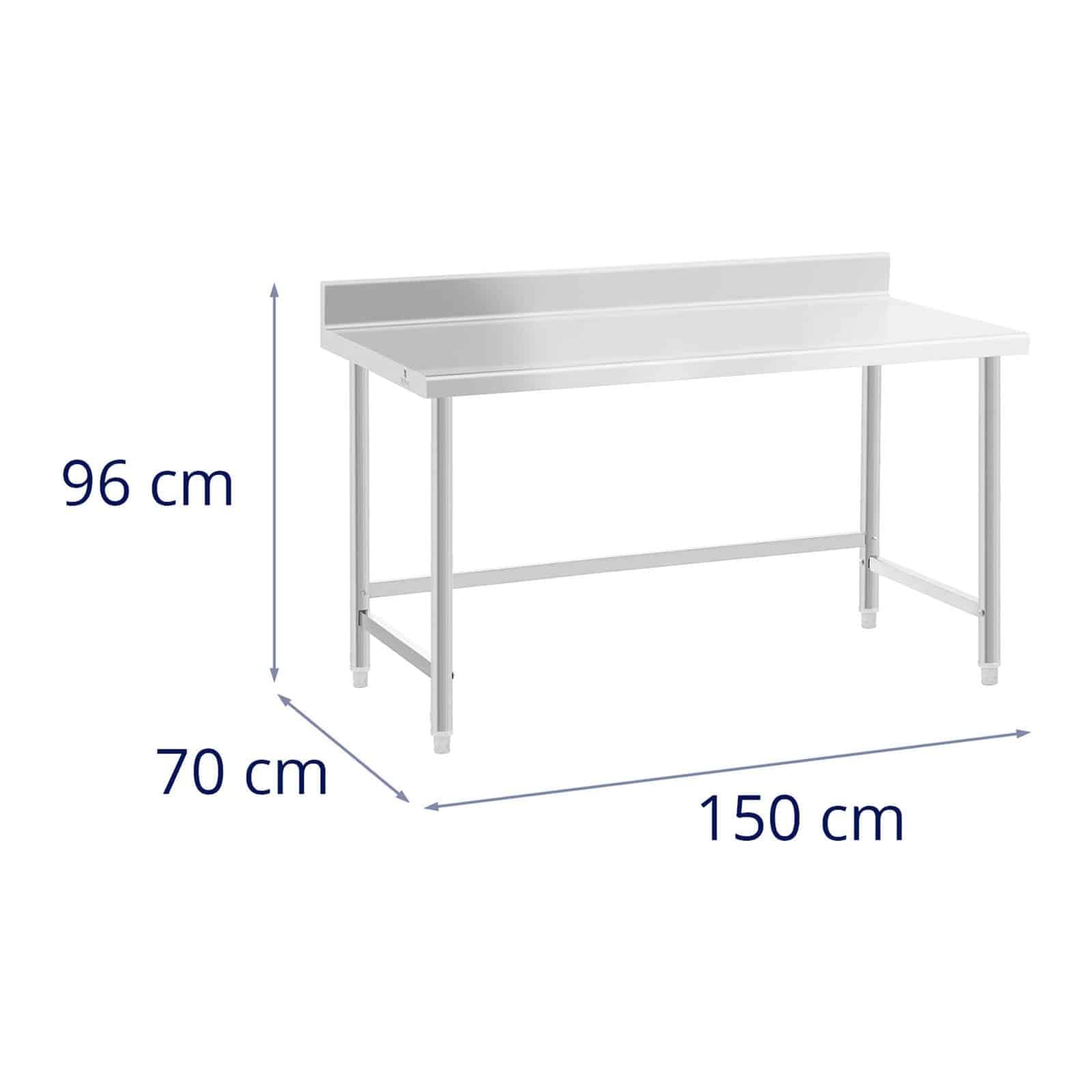 Royal Catering RCAT-150/70-SPS Table de travail inox Plan de travail en inox Plan de travail professionnel Table de travail cuisine Adossée Dosseret 150 x 70 cm 300 kg