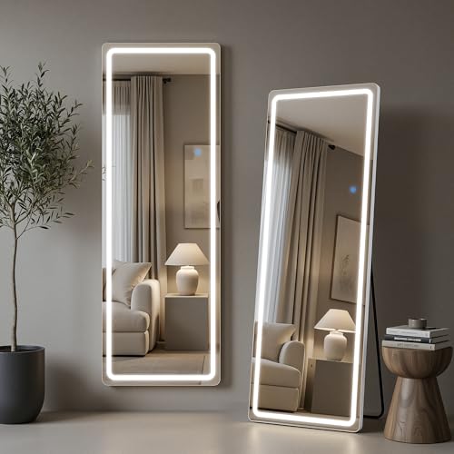 Coomily 58x18 Full Length Mirror with LED Lights Dimmable Lighted Floor Mirror with 3 Color Lighting & Touch Control Standing Wall Mounted Full Body Mirror Tempered Glass for Bedroom White