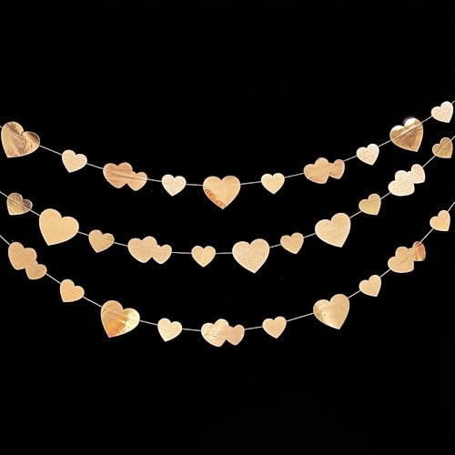Image of 40Ft Champagne Gold Heart Banner Double Sided Paper Garland Heart Hanging Streamer for Wedding Birthday Anniversary Bachelorette Engagement Bridal Baby Shower Valentines Hen Christmas Party Decoration