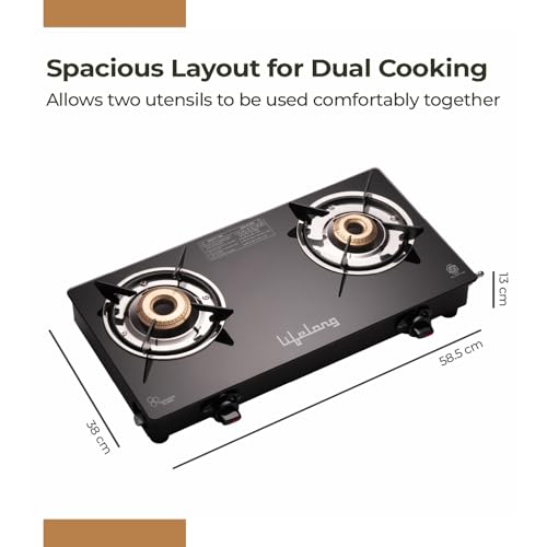 Image of Lifelong 2 Burner Gas Stove with Gas Lighter | Modern Glass Stove with 6mm Toughened Glass | High-Efficient Manual Ignition Cooktop | ISI Certified & LPG Compatible | 360 Flexible Gas Inlet (Black)