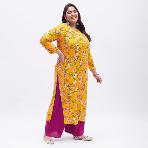 Image of Tissu Women's Plus Size Yellow & Pink Printed Kurta with Palazzo