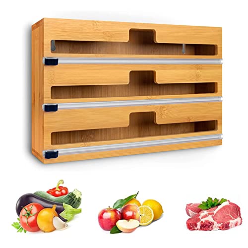 Bamboo Wrap Dispenser Cutter, 3 in 1 Plastic Wrap Aluminum Foil Wax Paper Dispenser, Reusable Cling Film Storage Dispenser, Bamboo Roll Organizer Holder Kitchen Drawer with Slide Cutter,12" (3 in 1)