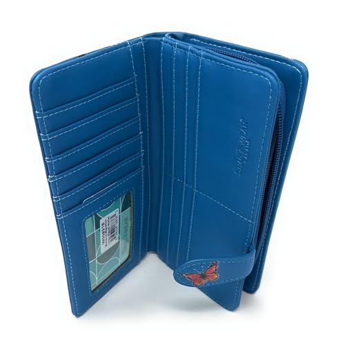 Shag Wear Monarch Butterfly Migration Large Wallet for Women and Teen Girls Vegan Faux Leather Dark Blue 7"4