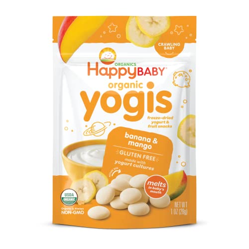 Happy Baby Organic Yogis Freeze-Dried Yogurt and Fruit Snacks Banana Mango, 1 Ounce Bag Organic Gluten-Free Easy to Chew Probiotic Snacks for Babies and Toddlers