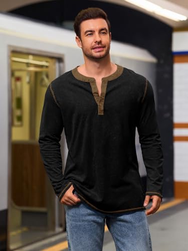 Yousify Mens Henley Shirt Long Sleeve Casual Cotton Basic T Shirts Button Washed Retro Lightweight Tee Tops4