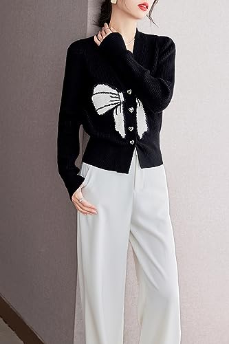 Image of LAI MENG FIVE CATS Women's V-Neck Sweaters Long Sleeve Button Knit Tops Casual Blouse