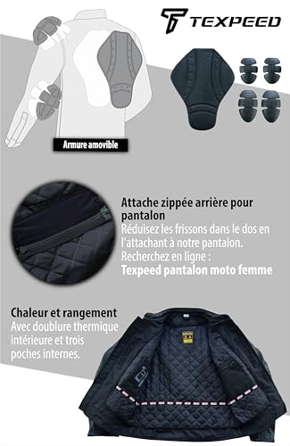 Texpeed Veste moto en cuir pour femme perfect Marlon Brando - Veste de moto de tourisme avec protection véritable biker CE armor (EN 1621-1) Noir - L – vue 5