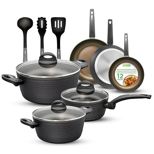 Nutrichef bateria de cocina, Antiadherentes, 12 piezas, Laca resistente al calor, Diseño elegante, Ollas y sartenes de tamaños multiples, Libre de PFOA y PFOS