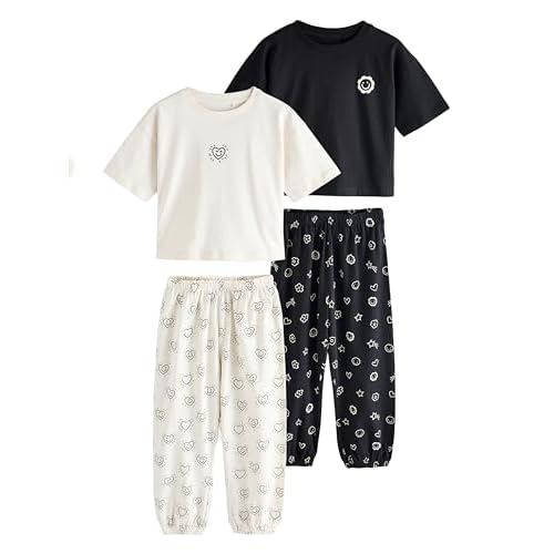NEXT Mädchen Schlafanzug mit Jogginghose im 2er-Pack Black/Ecru Numeric_134