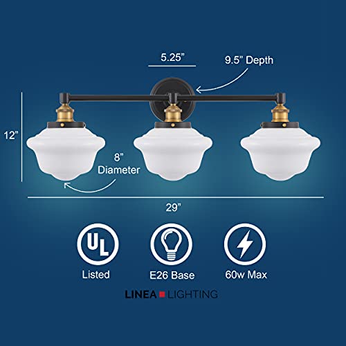 Linea Di Liara Lavagna Farmhouse Matte Black Bathroom Light Fixtures Over Mirror Black And Gold 3-Light Bathroom Vanity Light Fixture Milk Glass Shades Modern Vanity Lights, Ul Listed #TOP2