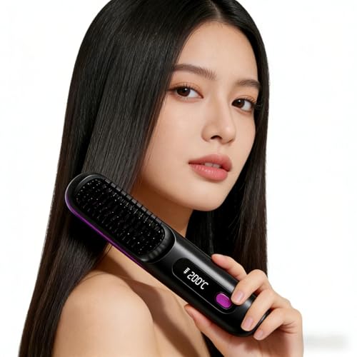 Image of Cordless Hair Straightener Brush for Women, Portable Travel Hair Straightener Brush, Ionic Ceramic Mini Hot Comb with Fast Heating, 3 Heat Settings, USB Rechargeable Anti-Frizz Styling Tool (Black)