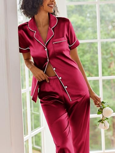 Image of Ekouaer 2 Piece Satin Short Sleeve Pajamas Set Button Down Sleepwear | Soft Pjs Set Classic Loungewear for Wedding, Party, Home, Daily Wear, Date Nights
