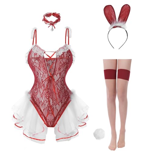 CR ROLECOS Bunny Kostüm Erotische Unterwäsche Damen Hasenkostüm Bunny Girl Cosplay Plüsch Kaninchen Set für Weihnachtstag Halloween Party Rot