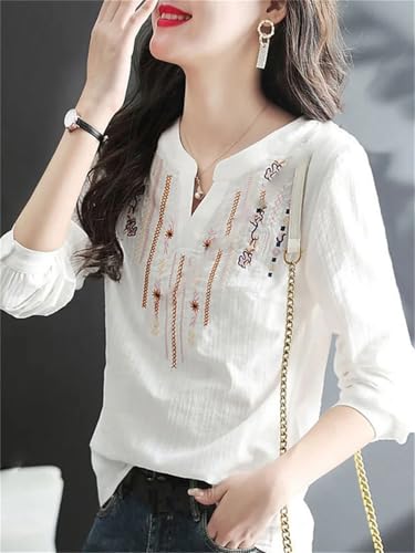 Women Blouses Casual Embroidery V-Neck Long Sleeve Vintage Loose Blusas Top4
