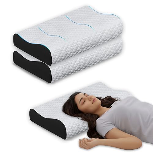 Image of Orthopedic Cervical Pillow Set of 2, Memory Foam Contour for Neck and Shoulder Relief, Ergonomic Design for Side and Back Sleepers, Breathable Black Cover, 60 x 35 x 12 cm