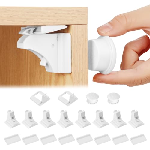 HOTUT Magnetic Cupboard Locks Child Safety Magnetic Cupboard Locks (8 Locks + 2 Key) Invisible Baby Proofing No Screws or Drilling for Cabinets Drawers Kitchen