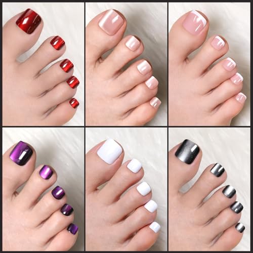 FANDAMEI Press on Toenails, 6 Colors Press On Toe Nails Short Square, French Tips Cat Eye Toe Press Ons for Women & Girls, Glossy Toe Fake Nails for Nail Art - Image 7