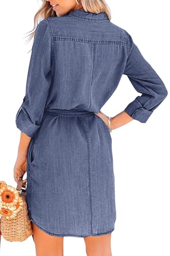utcoco Women's Casual Button Down Jean Shirt Dress Long Sleeve Tie Waist Lightweight Denim Shirt Dress2