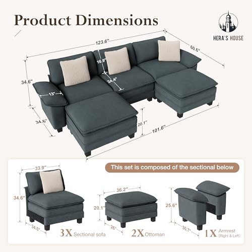 Image of HERA'S HOUSE 124 inch Oversized Modular Sectional U Shaped Sofa,Chenille Blue | 5-Seater Living Room Couches, Wider Armrest and Deep Seat, Comfy Cloud Couch with Ottoman, Wood Sturdy Frame