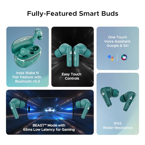 Image of Boat Airdopes 131 Elite ANC, 32dB Active Noise Cancellation, 60HRS Battery, Ambient Mode, 4Mics ENx, Fast Charge, IPX5, v5.3 Bluetooth Earbuds, TWS Ear Buds Wireless Earphones with mic (Active Teal)