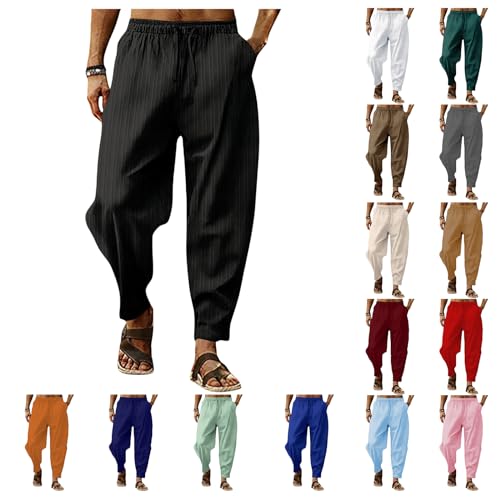 evzosrz Mens Cotton Linen Harem Pants Solid Drawstring Casual Capri Trousers Lightweight Loose Bloomer Pant with Pockets3