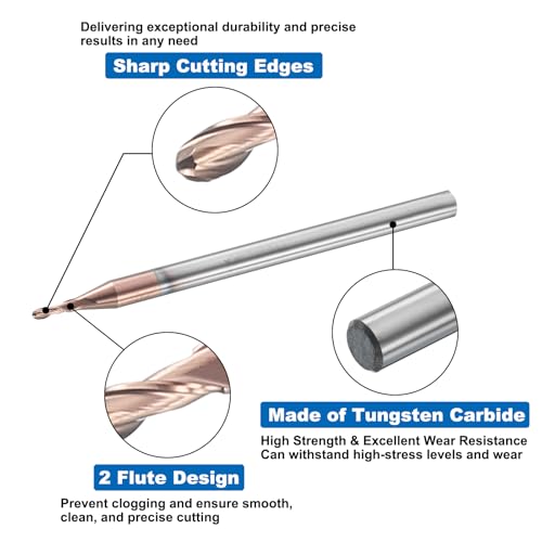 Image of HARFINGTON Ball Nose End Mill 2 Flute 0.05 inch Diameter 1 /8 inch Shank Tungsten Carbide Uncoated Spiral CNC Router Bits 0.15 inch Cutting Length Single End Ball for Carving Engraving Grinding