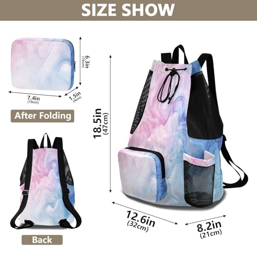 OTVEE Drawstring Backpack for Women Men Gym Sport Cinch String Bag Blue Pink Marble Print Beach Swim Sack with Water Bottle Pocket & Inside Waterproof Wet Pocket3