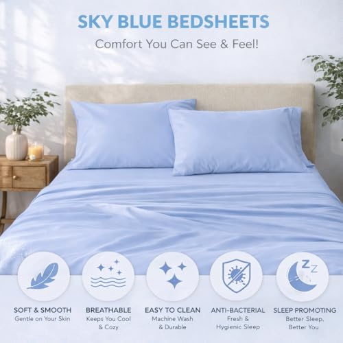 Image of Queen Size Bed Sheet - 600 Thread Count Single Flat Sheet Only - Long Staple Egyptian Cotton Top Sheet Wrinkle & Fade Resistant - Sky Blue