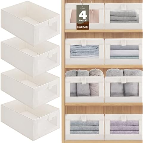 CACASO 4 Pack Closet Organizer Bins Closet Baskets for Shelves,Linen Storage Bins,Foldable Closet Storage Bins with Window,Closet Bins Storage Baskets for Organizing Clothing Closet Organization,Beige Cover