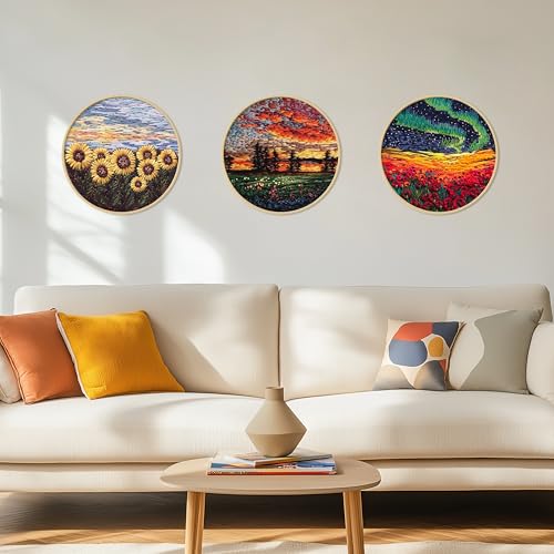 Image of KEKEMEOW 3 Sets Embroidery Kit for Beginners, Stitches with Rural Scenery, Embroidery Stitch Practice kit for Adults Craft Lover, Needlepoint Hand Embroidery Kit with Pattern、Instruction、Hoop