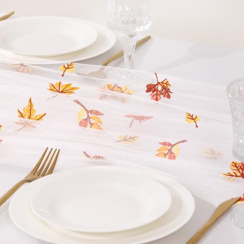 Image of Maple Leaf Embroidery Fall Table Runner White Sheer Tulle Table Runner, 3PC