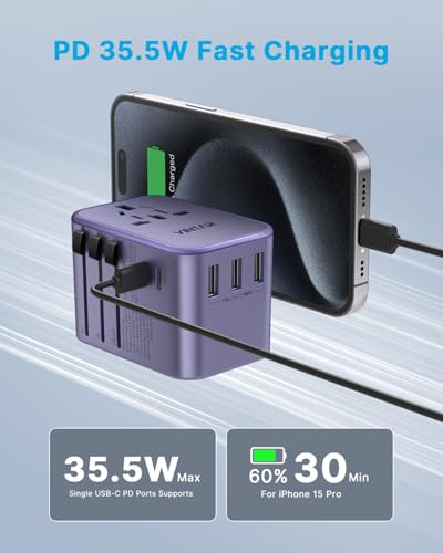 Image of Universal Travel Adapter, VINTAR 35.5W International Power Adapter with 3 USB A QC and 2 USB C PD, All in One Plug Adapter Worldwide Travel Essentials for EU /UK /USA /AUS(Type C /G /A /I), Purple