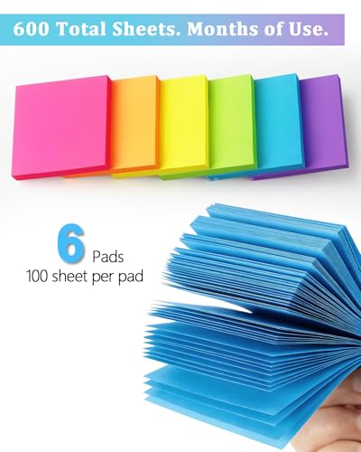 6 Pack Bright Color Sticky Notes 3x3 Inch, 100 Sheets/Pad 600 Total, Adhesive Memo Pads for Office School Home Organization - Thumbnail 3